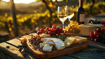 cheese and wine pairing,, outdoor terrace overlooking vineyards, elegant morning indulgence and elegance, soft diffuse light