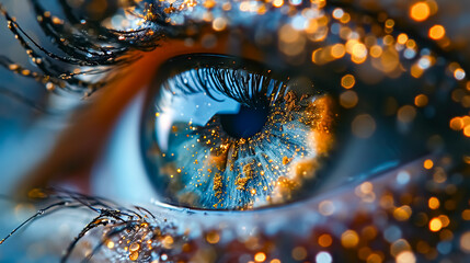 Macro shot of beautiful female eye with glowing iris. Beauty and fashion concept. - obrazy, fototapety, plakaty