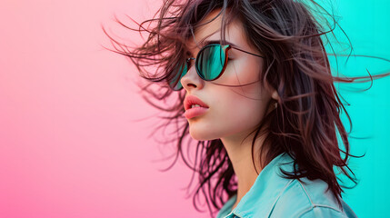 Chic Young Woman with Stylish Sunglasses on Pink and Blue Background