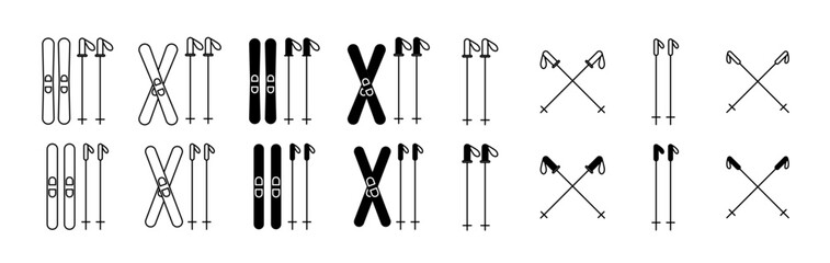 Ski sticks vector icon set. mountain skier icon in black color.