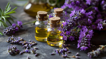 Obraz na płótnie Canvas Lavender Essential Oils and Flowers Aromatherapy Products