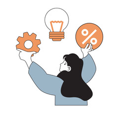 Business and finance concept with cartoon people in flat design for web. Woman brainstorming ideas and planning financial strategy. Vector illustration for social media banner, marketing material.