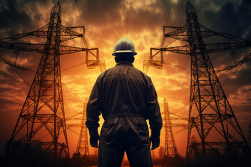 Industrial man work technology voltage worker electricity power man engineer energy male - obrazy, fototapety, plakaty