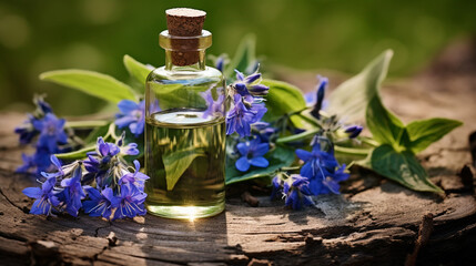 bottle, jars of extract of borage essential oil - obrazy, fototapety, plakaty