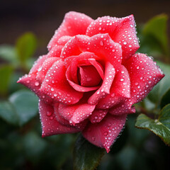Close-up of a dew-covered rose in a perfectly manicured garden.