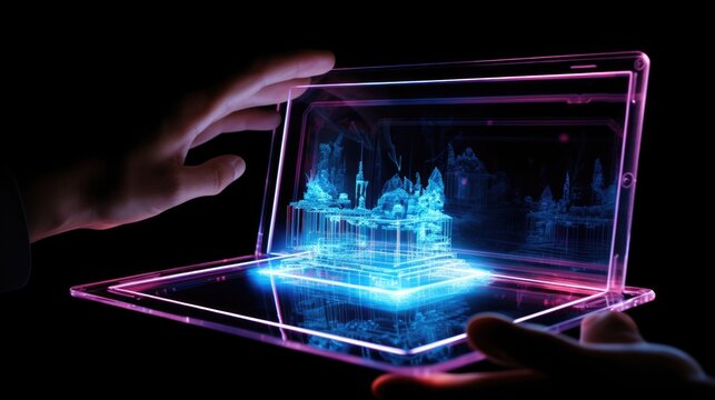 3d laptop. laptop with map. hand holding a laptop. 5d. 7d
