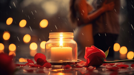 Valentine concept. red roses and candles on the background of people in love