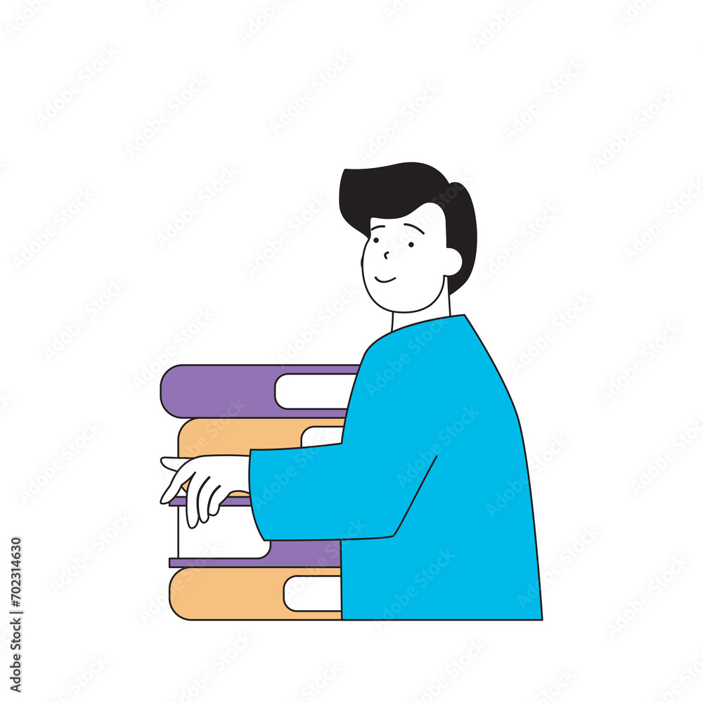 Poster education concept with cartoon people in flat design for web. student reading textbooks in library a