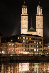 Zurich's cathedral Grossmünster at night, christmas time