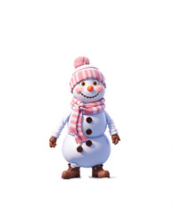 cute snowman with a pink striped scarf in brown boots and gloves