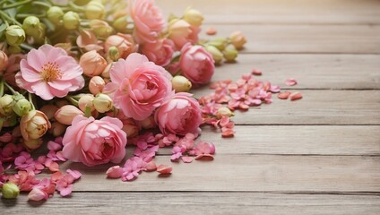 texture background of pink roses on a wooden surface