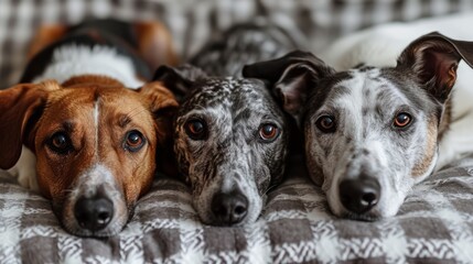three dogs of different breeds laying side by side, friendship, camaraderie