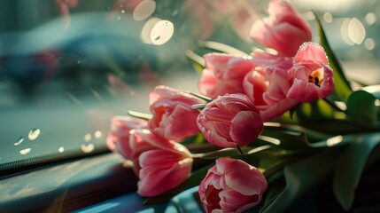 pink tulips with bouquet on dashboard of car, Women's day, Valentine's Day, wedding, birthday, An offer of marriage