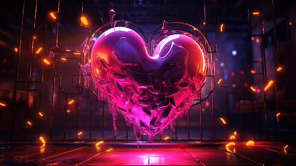 Valentines Day Love heart, neon light, decor, bright light, romantic. Digital art. 3D