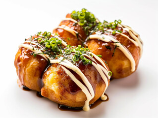 Takoyaki is isolated on a white background in a minimalist style. 