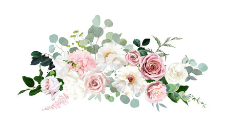 Dusty pink and cream rose, peony, hydrangea flower, tropical leaves vector garland