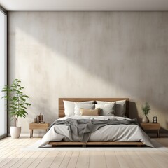 Bedroom Interior: Double Bed Against Gray Wall