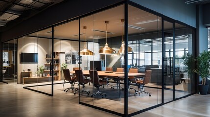 Modern Office Meeting Room: Glass Walls, Comfortable Furniture - obrazy, fototapety, plakaty