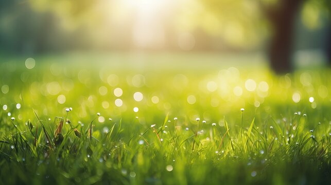 Green Lawn Bokeh: Summer Morning Background Texture