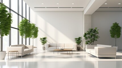 Elegant Office Lobby: Hall with White Upholstered Furniture and Potted Trees