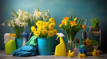 Spring Cleaning: Household Chemicals and Flowers Concept