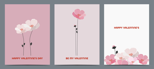 Set of minimalistic Valentine's Day greeting cards, templates, labels with pink, beige and red flowers