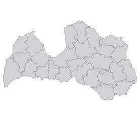 Latvia map. Map of Latvia in administrative regions in grey color