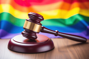 The judge's gavel on the lgbt flag. LGBT rights and equality concept.