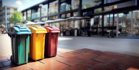 Colorful garbage containers on the street. Empty space. Trash cans near the busness building - obrazy, fototapety, plakaty