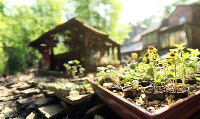 Spring yellow flower seedlings. Garden beds. Warm sun light in the garden