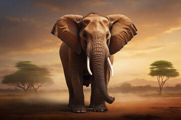 Fototapeta na wymiar African elephant in the savannah with a sunset in the background.
