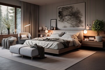 Modern and cozy bedroom with big window