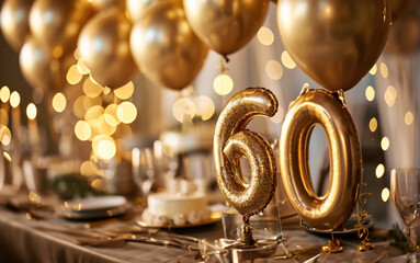 Obraz premium Golden balloons in the form of the number 60