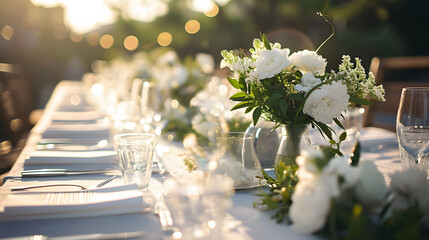 Beautiful outdoor table setting with white flowers for a dinner, wedding reception or other festive event.