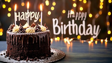 Whimsical birthday card with magical cake, bokeh, sparkles, and  happy birthday  text