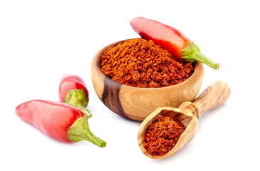 Chilli pepper  on white background. Chilli  for  Jalapeno hot sauce. Mexican cuisine.  Dried spice in wooden bowl.