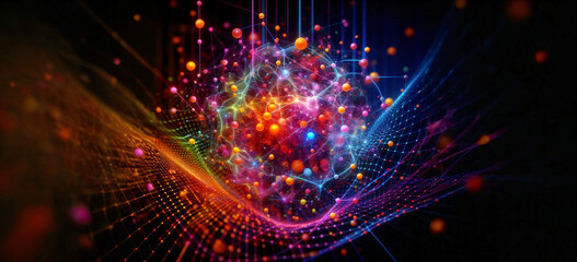 Fototapeta premium abstract background,Colorful Network Visualization, A complex network of multicolored nodes and lines on a dark background