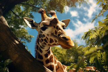 Giraffe resting after lunch among the trees - obrazy, fototapety, plakaty