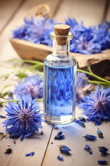Fototapeta na wymiar bottle, cans of cornflower extract essential oil