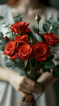 Hand of woman holding bouget of Valentine's day gift fresh red rose.