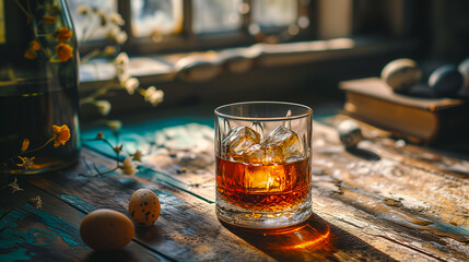 A glass of whiskey with ice on a wooden table decorated with an easter theme with eggs - Powered by Adobe