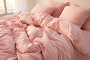 Fototapeta na wymiar Romantic Bedroom with Cozy Pink Pastel Bedding for a Relaxing and Luxurious Getaway