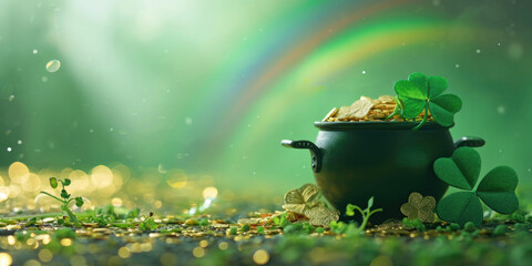 Pot of gold leprechaun, St Patrick's Day holiday concept with rainbow in the background and clover - obrazy, fototapety, plakaty
