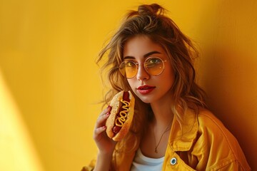 Glamorous woman eating tasty hot-dog - obrazy, fototapety, plakaty