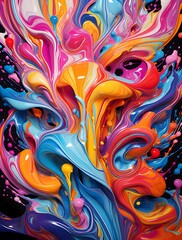 Cascading ribbons of liquid color weave together in a 3D space, forming a hypnotic dance of vibrant splashes against a vivid abstract background