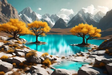 3d illustration wallpaper landscape art. brown trees with golden flowers and turquoise mountains in...