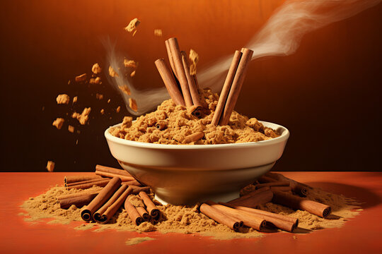 Cinnamon Sticks Tumbling Into Hot Cereal Aromatic Cinnamon Sticks Tumbling Into A Steaming Bowl Of Hot Cereal, Evoking A Sense Of Warmth. Set Against A Cinnamon-colored Background. Generative AI,