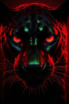 Abstract Panther close-up in red Neon lighting, green eyes, 3D, Banner, Album design, notebooks, smartphone background