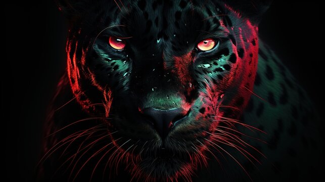 Abstract Panther close-up in red Neon lighting, green eyes, 3D, Banner, Album design, notebooks, smartphone background