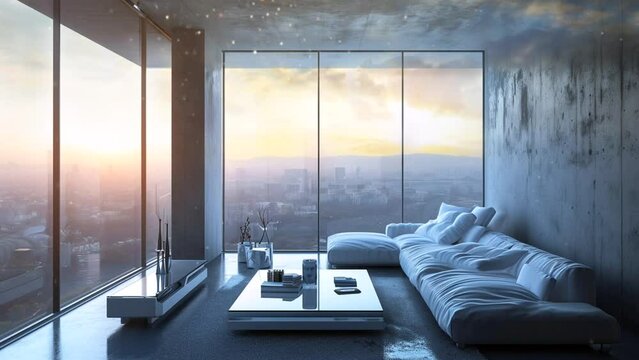 modern living room with windows and nature views. Seamless looping 4k time-lapse virtual video animation background 